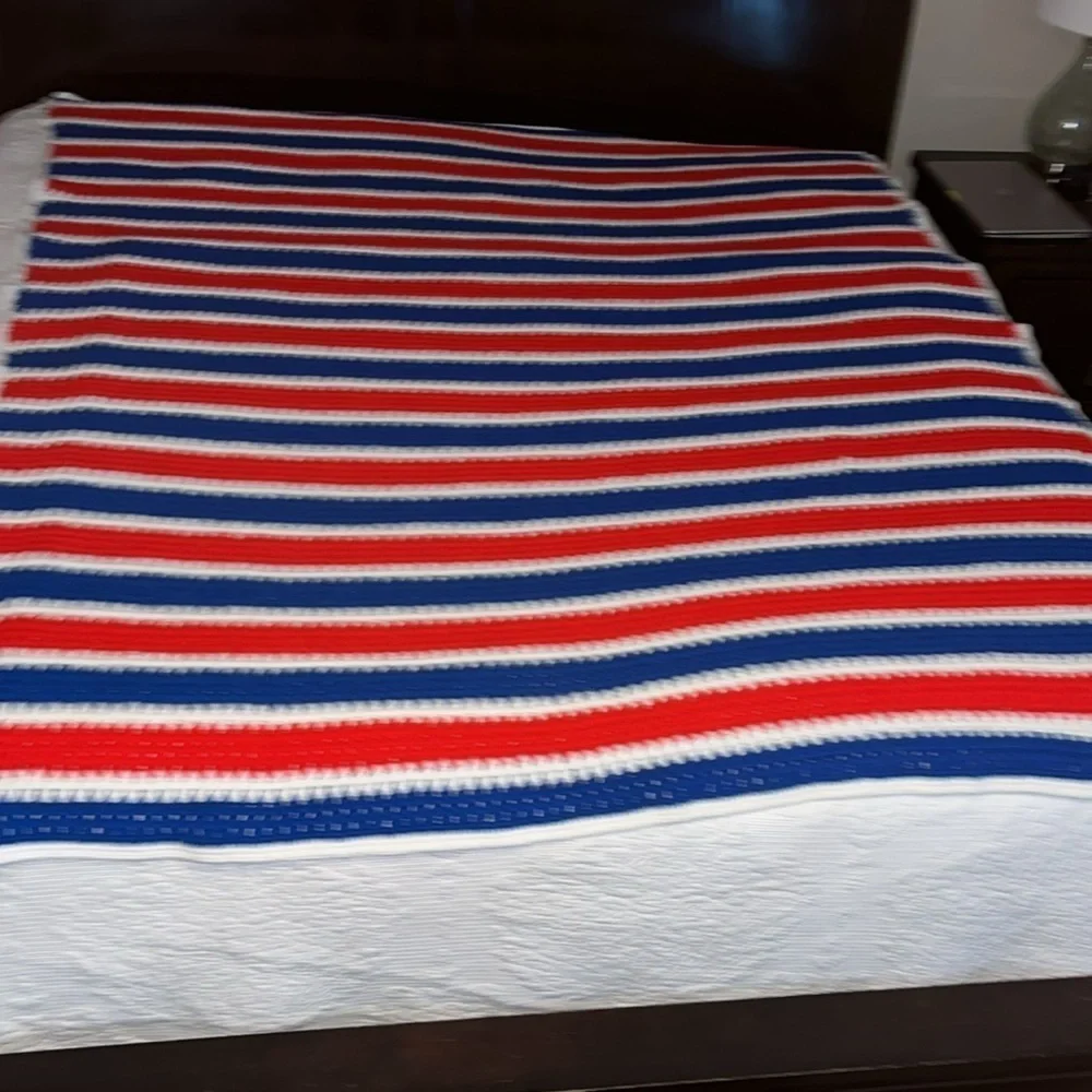 Handmade Patriotic Crochet Afghan Red White Blue Blanket 79”X 66”